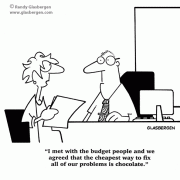 Accounting Cartoons: budget solutions, accounting department, budget team, budget suggestions, chocolate.