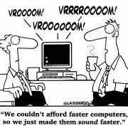 Computer Cartoons, Office Technology Cartoons: digital information processing, digital information management, office equipment, office machines, coping with office machines, coping with office technology, faster computer, affordable upgrade, budget.