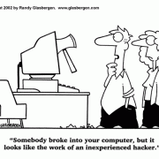 Computer Cartoons, Office Technology Cartoons: digital information processing, digital information management, office equipment, office machines, coping with office machines, coping with office technology, information security, hacked, inexperienced hacker