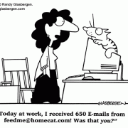Computer Cartoons, Office Technology Cartoons: digital information processing, digital information management, office equipment, office machines, coping with office machines, coping with office technology, e-mail, spam, cats, personal e-mail.