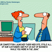 Computer Cartoons, Office Technology Cartoons: digital information processing, digital information management, office equipment, office machines, coping with office machines, coping with office technology, Intenet, website, web presence, going out of business, competition, bathroom break.