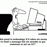 Computer Cartoons, Office Technology Cartoons: digital information processing, digital information management, office equipment, office machines, coping with office machines, coping with office technology, computer, instant message, replying to e-mail, speedy reply, ignoring e-mail. 