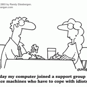 Computer Cartoons, Office Technology Cartoons: computer, support group for computers, office machines, business machines, office electronics, workplace stress.