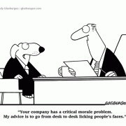 Leadership and Management Cartoons: dog cartoons, boosting morale, licking faces, company morale, dog cartoon, employees, morale, dogs, manager, management, office, boss, dog, dog in suit