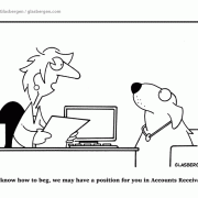 Dog cartoons, job interview, HR, dogs, accounting, accountant, if you know how to beg, we may have a position for you in Accounts Receivable.