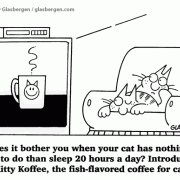 Cat Cartoons: coffee, fish, cat products, kitty, commercials, advertising.