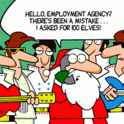 Christmas Cartoons: temp agency, office temp, elves, Elvis, Santa, Santa Claus.