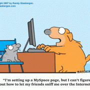 Social Networking Cartoons: cartoons about social networking, cartoons about MySpace, MySpace cartoons, dog on computer, MySpace friends.