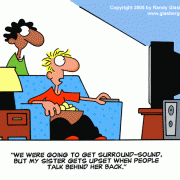 Digital Lifestyle Cartoons: digital media, new media, new media technology, digital media technology, digital innovation, digital media management, digital electronics, digital gadgets, cartoons about home theater, TV, surround sound, teenager, cartoons about sisters.