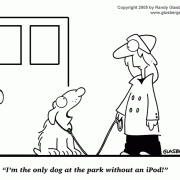 Dog Cartoons: dog park, iPod, fitness walking