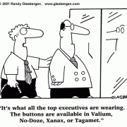 Dress for Success Cartoons: cartoons about business clothes, dress code, cartoons about business attire, proper business attire, business casual, wardrobe, office attire, office fashion, dress to impress, cartoons about clothes, buttons are Xanax, Valium, No-Doze, Tagamet