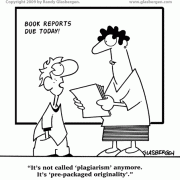 Education Cartoons: cartoons about teachers, school cartoons, classroom humor, cartoons about homework, classes, lessons, students, class assignments, learning, plagiarism, prepackaged originality.