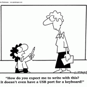 Education Cartoons: elementary school, elementary education, grade school, elementary school teachers, young students, pre-teen students, education technology, USB , computers, school computers, classroom technology.