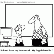 Education Cartoons: elementary school, elementary education, grade school, elementary school teachers, young students, pre-teen students, dog ate my homework, education technology, computers, homework.