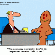 Money Cartoons: cash, saving money, losing money, investing, finance, financial services, personal finance, investing tips, investing advice, financial advice, retirement investing, Wall Street humor, making money, mutual funds, retirement planning, retirement plan, retirement fund, financial advisor, spending, economist, financial expert, bad economy, gingerbread man, crumby economy.