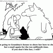 Computer Cartoons: home computer, home media center, computer desk, personal computer, family PC, family tech support,  Red Riding Hood, tech support, family computer, computer support, grandma\'s tech support.