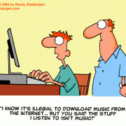 Computer Cartoons: home computer, home media center, computer desk, personal computer, family computer, family PC,  illegal music downloads, iTunes, MP3.