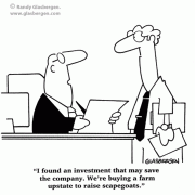 Money Cartoons: cash, saving money, losing money, investing, finance, financial services, personal finance, investing tips, investing advice, financial advice, retirement investing, Wall Street humor, making money, mutual funds, retirement planning, retirement plan, retirement fund, financial advisor, spending, real estate, buy the farm, farming, scapegoat, livestock.