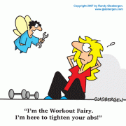 Fitness Cartoons, Exercise Cartoons: exercising, being more active, getting fit, getting in shape, physical conditioning, workout, working out, training, physical fitness, exercise program, exercise routine, burning calories, get healthy, getting fit, Workout Fairy, tighten your abs, abdominals, tools.