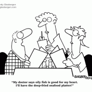 Healthy Heart cartoons, cardiologist cartoons, omega-3 fish oil, seafood, cardiology, cardiac care, fried food, nutrition, antioxidants, restaurant, menu, oily fish, heart care.