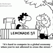 International Business Cartoons: cartoons about outsourcing, global economy cartoons, going global, global market economy, globalization, global business, global business strategy, international business culture, new economy, foreign labor, outsourced labor, global marketing, lemonade, lemonade stand, kids, summer, summertime, competing in a global economy, international business, selling, sales, marketing