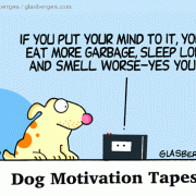 Golden Oldie Cartoons: motivation tapes, goal setting, dogs.