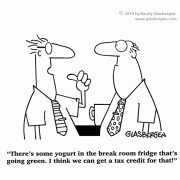 Cartoons About Going Green, Cartoons About Green Technology, green lifestyle, green living, green products, green strategies, green policy, green home, green office, green thinking, green actions, green business, green energy, low-carbon footprint, tax credits, office refrigerator.