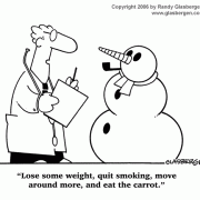 Medical Cartoons: physician, patient, doctor's advice, funny doctor, medical humor, doctor jokes, Dr, healing, healer, medicine, treatment, diagnosis, clinician, GP, general practitioner, medical careers, snowman, carrot, lose some weight.
