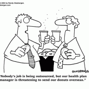 International Business Cartoons: cartoons about outsourcing, global economy cartoons, going global, global market economy, globalization, global business, global business strategy, international business culture, new economy, foreign labor, outsourced labor, wellness program, corporate health plan, health program, health incentives, wellness incentives, coffee break, eating at work, office snacks, doughnuts.
