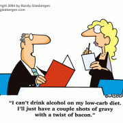 Diet Cartoons: low-carb diet cartoons, cartoons about Atkins Diet, alcohol, cocktail, gravy, bacon.