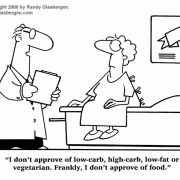 Diet Cartoons: low-carb diet cartoons, cartoons about Atkins Diet, vegetarian, low-fat, good food, bad food.