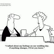 Marriage cartoons, talk about your feelings, emotions, communication,  marriage communication, wedding, wedding day, wedding vows, marriage, husband, wife, middle age.