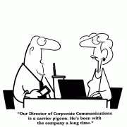 The director of corporate communications is a carrier pigeon. He's been with the company a long time.
