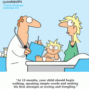 At 12 months, your child should begin walking, speaking simple words and making his first attempts at texting and Googling.