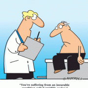 You\'re suffering from an incurable condition called \'midlife sucks\'., cartoons about aging, cartoons about getting older, doctor cartoons, wellness cartoons.