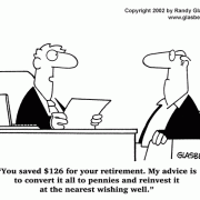 Money Cartoons: cash, saving money, losing money, investing, finance, financial services, personal finance, investing tips, investing advice, financial advice, retirement investing, Wall Street humor, making money, mutual funds, retirement planning, retirement plan, retirement fund, financial advisor, spending, pennies, wishing well, coins.