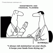 Money Cartoons: cartoons about investing, moisturizer, fund manager, finance, financial planning, personal finance, wall street, investments