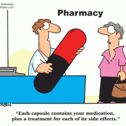 Cartoons About Prescription Drugs and Medications, pharmaceuticals, pharmacology, pharmacist, druggist, medicine, medication, prescriptions, prescription drugs, health, pills, Rx, healthcare, healthcare products, remedy, prescription remedies, cures, antidotes, huge capsule, drug store, drug side effects.