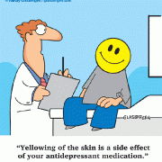 Yellowing of the skin is a side effect of your antidepressant medication.