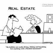 Real Estate Cartoons: cartoons about real estate sales, cartoons about selling real estate,property, listing, listings, sales, selling, sell, seller, scuba, scuba diving, sport, sports, kayaking, kayak, flood zone, flooding, flooded, basement.