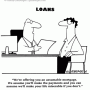 Banking Cartoons: mortgage, mortgages, lenders, bank, banker, assumable, assumable mortgage, payment, bank, lender, payments, loan, loans, money.
