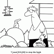 Real Esteatge Cartoon: foreclose, foreclosure, bank, money, bird, birds, birdhouse, foreclosure help, foreclosure counseling, bird house, bird seed.
