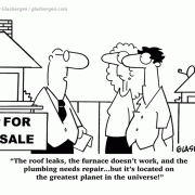 Real Estate Cartoon: cartoons about real estate sales, cartoons about selling real estate,roof, furnace, plumbing cartoon, repair, repairs, universe, planet, location