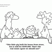 Real Estate Cartoons, cartoons about real estate sales, cartoons about selling real estate, three pigs, three little pigs, straw.