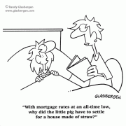 Real Estate Cartoons, three pigs, 3 pigs, mortgage, mortgage rates, interest rates, home buying, home buyer, house hunters, story, stories, three little pigs, mother, daughter, mortgages, banks, loans, banking.