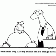 Sales cartoons, cartoons about selling, frog, ass kissing, enchanted frog, brown-nosing, salesman, client, new client, finding new business, customer satisfaction.