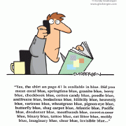 Yes, the shirt on page 41 is available in blue. Did you mean coral blue, springtime blue, granite blue, berry blue, checkbook blue, cotton candy blue, poodle blue, antifreeze blue, bodacious blue, hillbilly blue, heavenly blue, varicose blue, wheatgrass blue, pigeon-eye blue, butterfly blue, shag carpet blue, Atlantic blue, Pacific blue, deodorant blue, mouthwash blue, sweet-n-sour blue, binary blue, tattoo blue, cat litter blue, moldy blue, imaginary blue, clear blue, invisible blue...