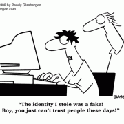 Business cartoons, cartoons about identity theft, crime, criminal, cartoons about cyber crime, stealing, steal, stolen, steal identity, identity stolen, computer, computers, hack, hacker cartoon, hacking, security, internet security.