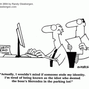 Cartoon about identity theft, new identity, Mercedes.