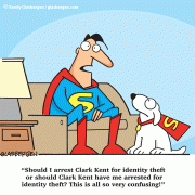 Cartoons about superman, clark kent, krypto, superdog, superhero, superheroes, identity theft, security, information security, crime, arrest, cartoon about cyber crime, cyber crimes.